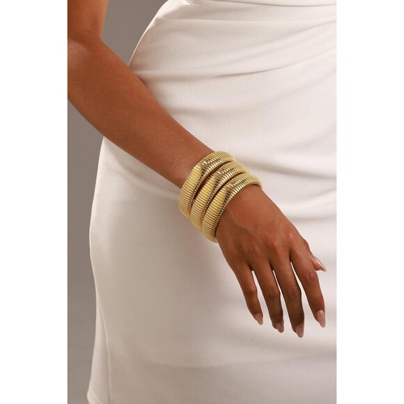 Gold Bangle Set 3 Chunky Stretch 24K Gold 16mm Plated Stainless Steel Wide Stack - Picture 2 of 6